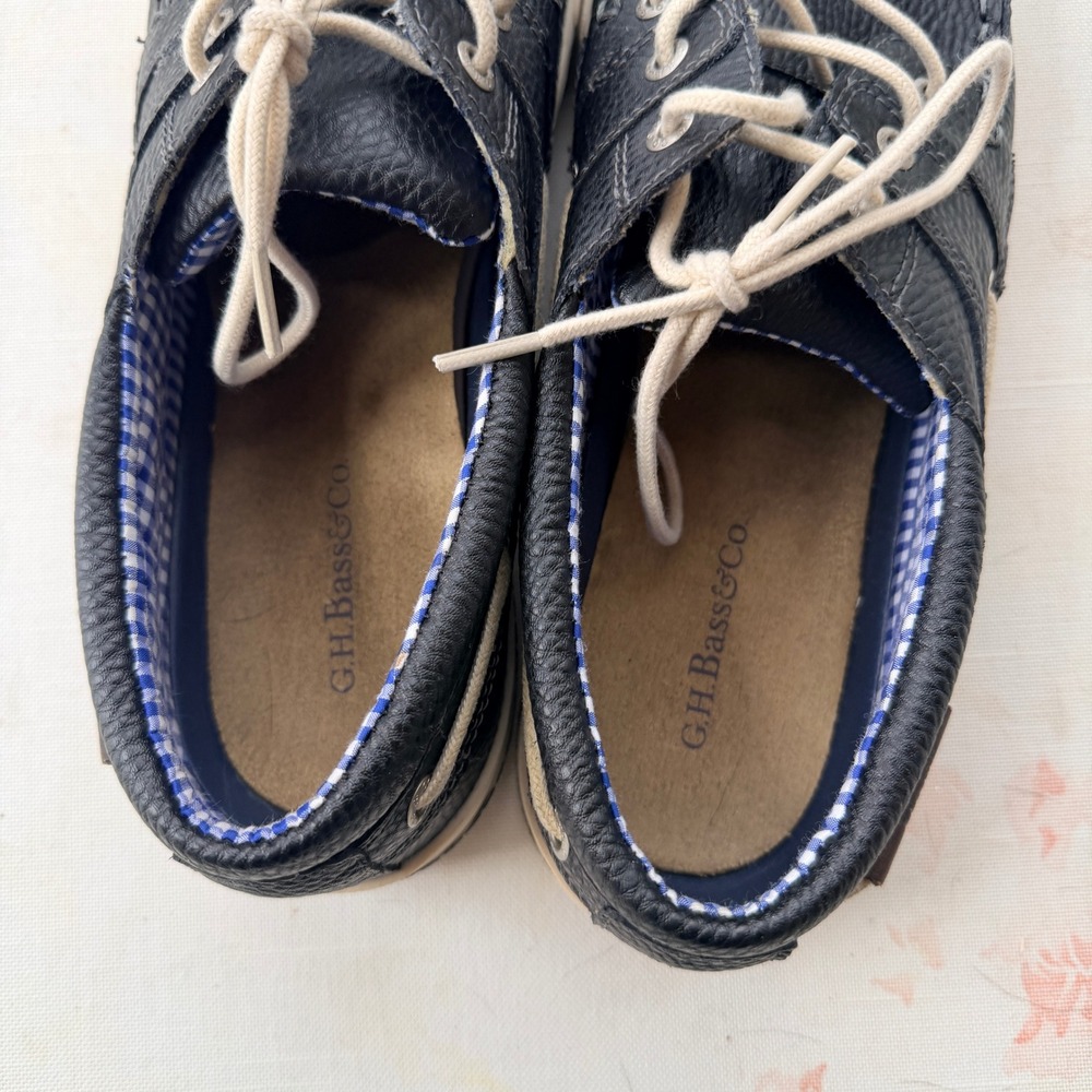 GH Bass & Co Adam Men's Navy Grained Leather Boat Shoes Gingham Lining-Size 11.5 - Picture 10 of 12